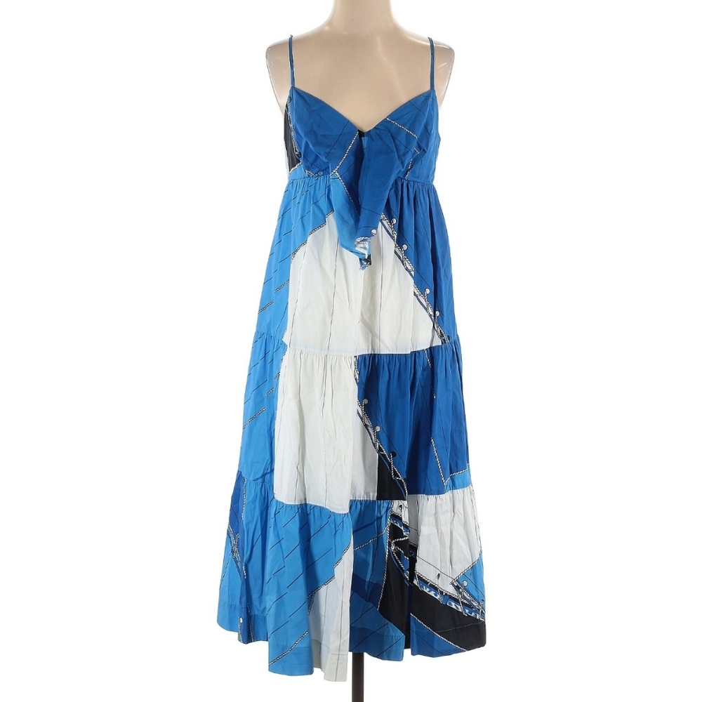 J. Crew Size 4 Cotton Poplin Empire Regatta Print Blue White Tiered Midi Dress
